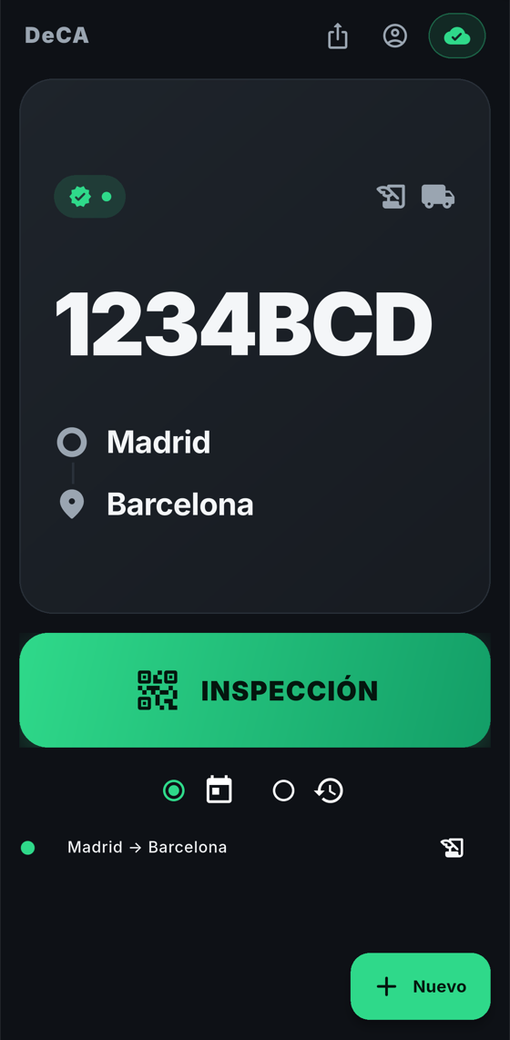 Pantalla de inicio de la app DeCA en modo oscuro con la lista de documentos de control del conductor