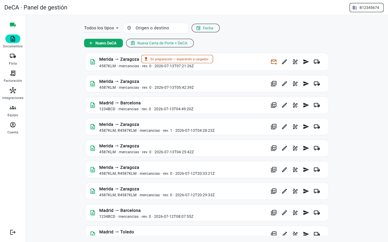 Panel web de DeCA para gestores: lista de documentos de control emitidos, con conductor, matrícula y estado de cada uno